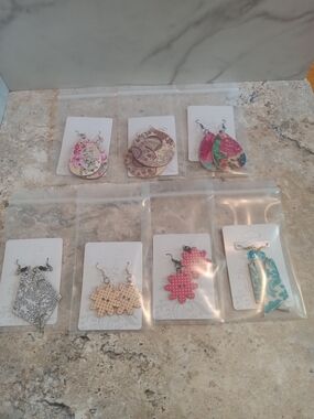 Mixed Floral & Patterned Drop Earrings Set - Teardrop & Flower Shapes (Wooden)